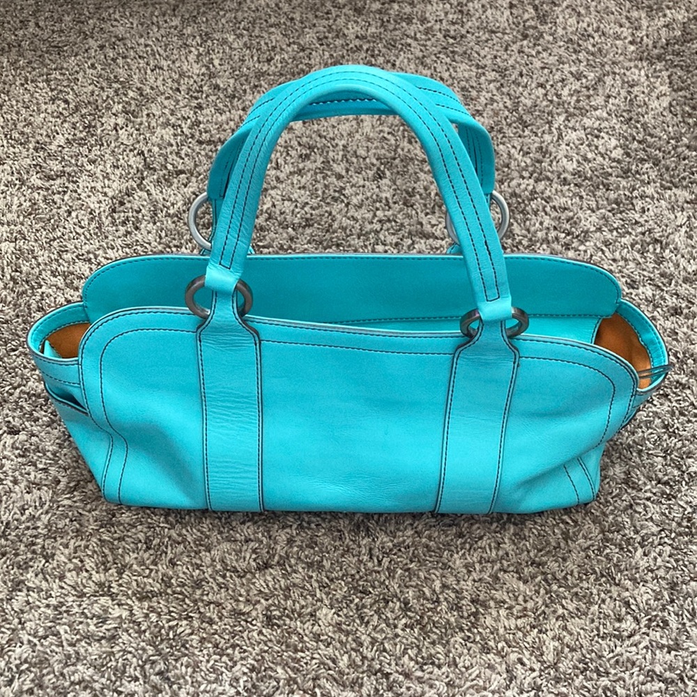 Turquoise Leather Hand Bag w/ Orange Interior